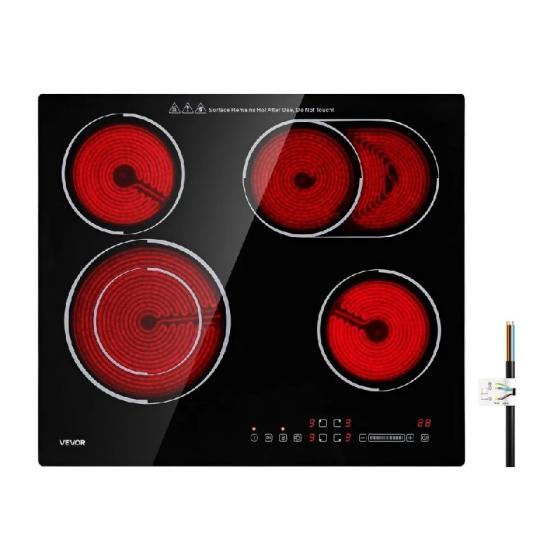 Стъклокерамичен плот за вграждане, Vevor 60 см, 4 котлона, 6600 W, 220 V, твърда връзка, с 9 нива на мощност, таймер, заключване за деца, защита от прегряване, сензорно управление